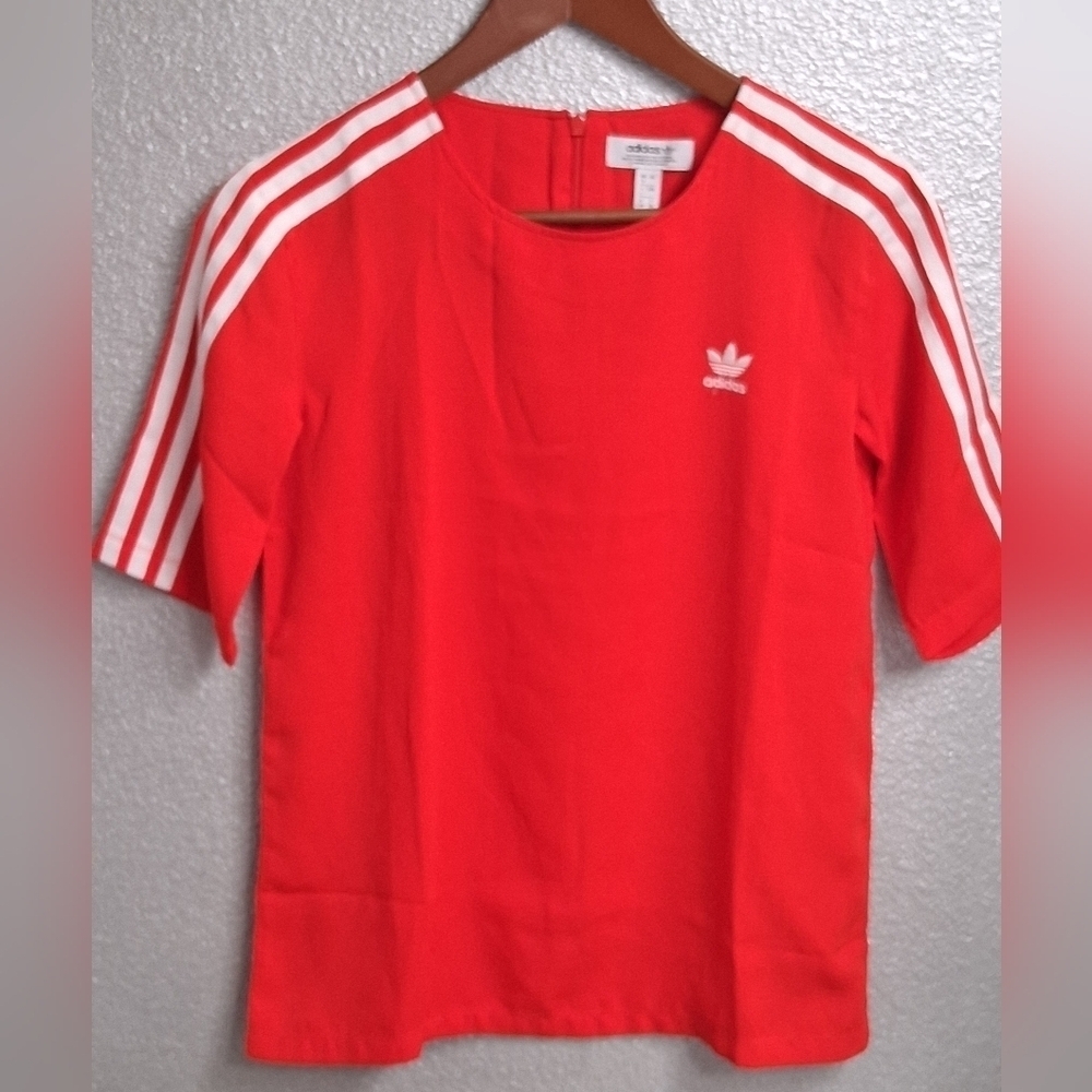 Adidas Red and White Short Sleeve Tee with Classic Stripes